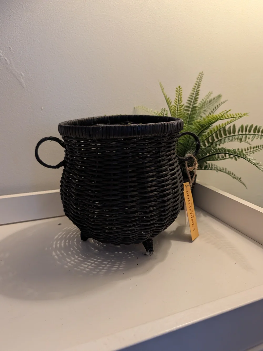 T.J.Maxx Black Woven Rattan Cauldron Basket with Loop Handles